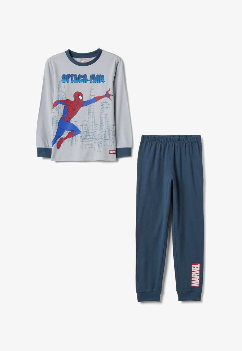 Maglia grigia a manica lunga con grafica di Spider-Man, abbinata a pantaloni blu navy con elastico in vita. Morbido cotone. Logo Marvel sui pantaloni.