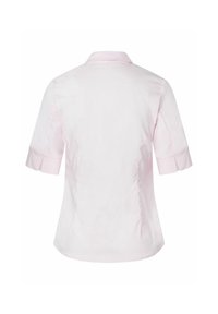 Light pink short-sleeve shirt with a collar, featuring a fitted design and rolled cuff accents, made of breathable cotton fabric.