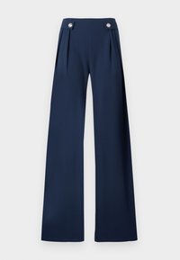 Μπλε σκούρα παντελόνια με φαρδιά ποδιά και πιέτες μπροστά, με δύο ασημένια κουμπιά στη μέση, κατασκευασμένα από απαλό, δομημένο ύφασμα.