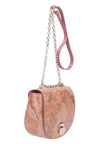 Borsa a spalla con motivo a mappa in tonalità beige e rosa. Presenta una forma arrotondata, materiale in pelle, catena in argento e tracolla in pelle. Accentata da hardware argentato.