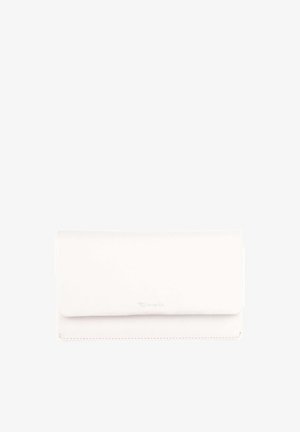 White leather wallet with a textured surface, fold-over flap, and subtle logo on the front. Features clean lines and a minimalistic design.