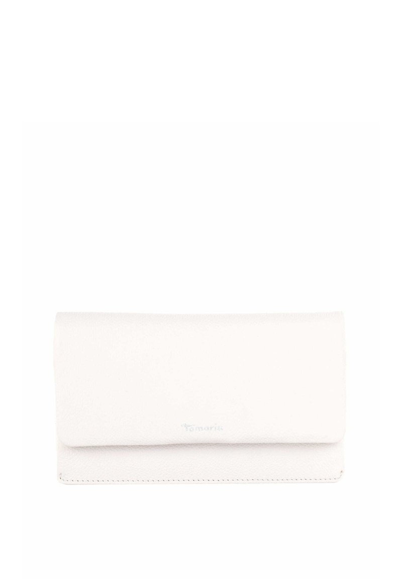 White leather wallet with a textured surface, fold-over flap, and subtle logo on the front. Features clean lines and a minimalistic design.