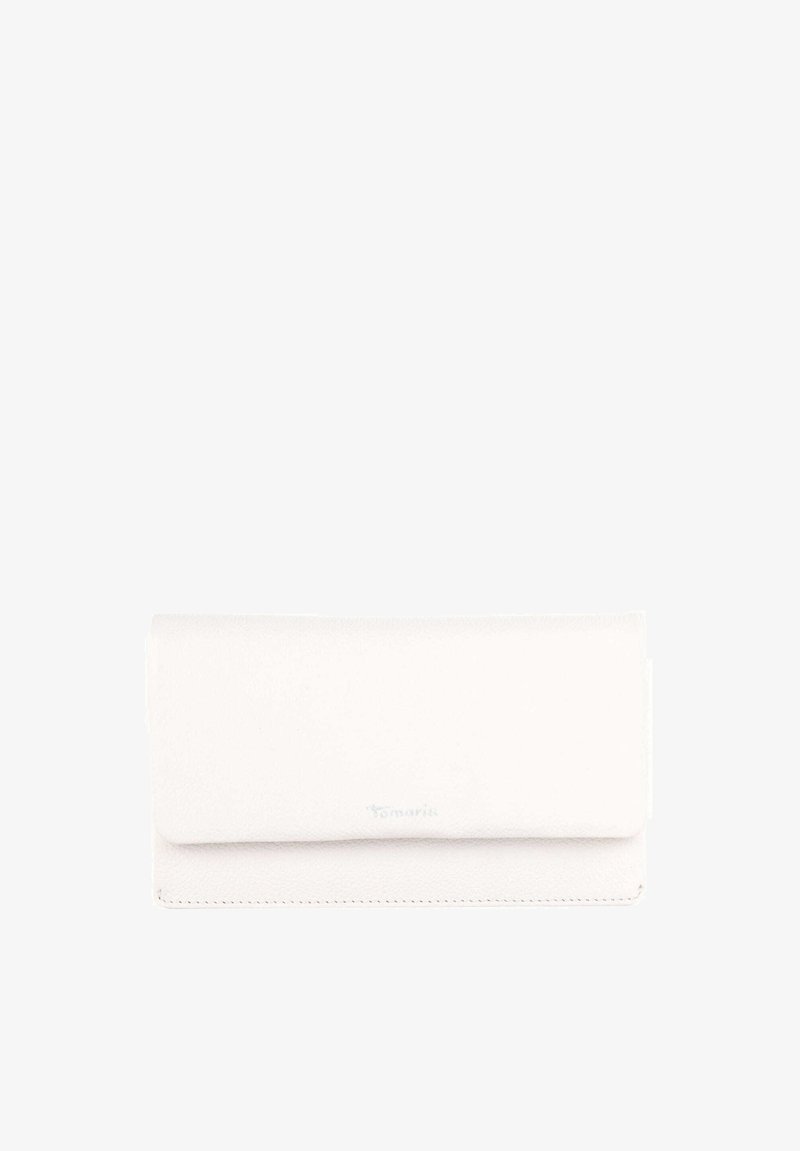 White leather wallet with a textured surface, fold-over flap, and subtle logo on the front. Features clean lines and a minimalistic design.