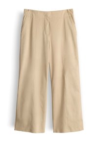 Pantaloni beige a gamba larga con tasche laterali, cuciture frontali e una vita aderente, mostrati distesi su uno sfondo bianco.