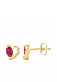 Pendientes de botón en tono dorado con forma de corazón, con un elemento de piedra preciosa roja facetada. Acabado liso, diseño sencillo y cierre seguro.