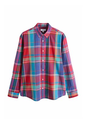 Langærmet skjorte med knapper og flerfarvet ternet mønster i rød, blå, lilla, grøn og orange, med en krave med knapper.