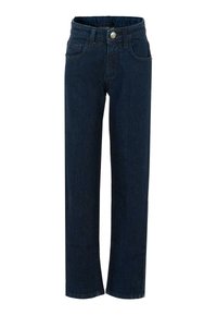 Jeans in denim blu scuro con taglio dritto, dotati di chiusura frontale con bottone e zip, cinque tasche e dettagli di cucitura discreti.