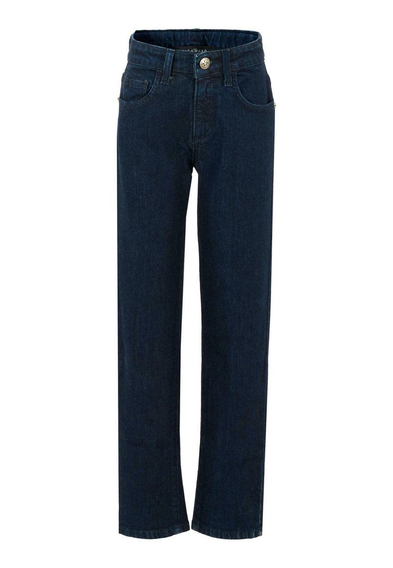 Jeans in denim blu scuro con taglio dritto, dotati di chiusura frontale con bottone e zip, cinque tasche e dettagli di cucitura discreti.