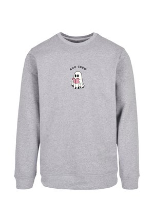Gray sweatshirt with a round neck, featuring a cartoon ghost reading a book and the text "BOO CREW" above the design. Soft texture.