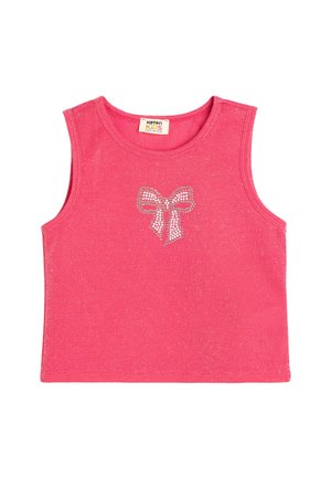Top de algodón sin mangas en color rosa con un diseño de lazo brillante hecho de piedras preciosas en el centro. Textura suave, escote redondeado y bordes terminados.