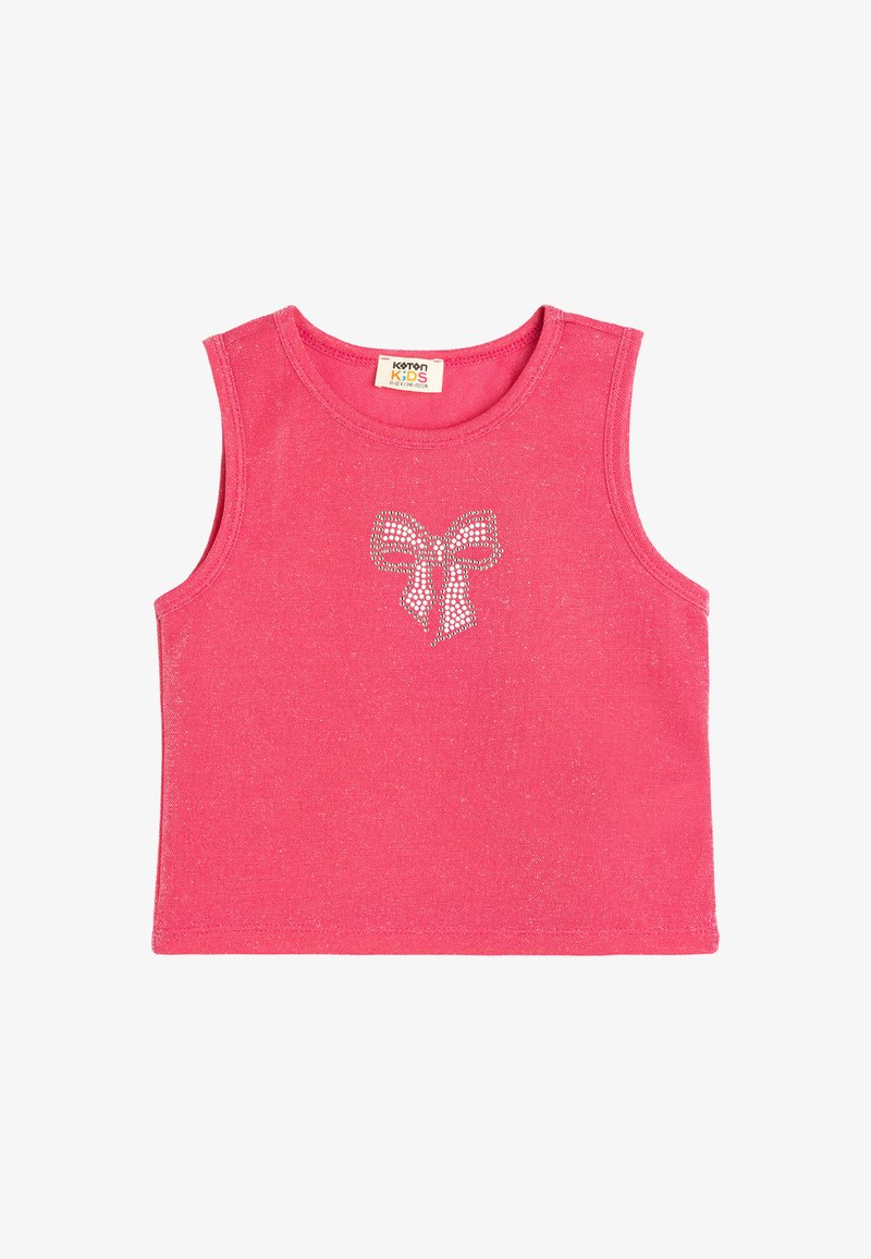 Vaaleanpunaista hihattomaa puuvillapaitoa, jossa on keskellä kimaltava vyö designista, joka on tehty kuivatuista timanteista. Sileä pinta, pyöreä kaula-aukko ja viimeistellyt reunat.