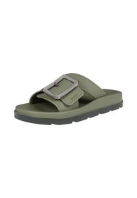 Green slide sandal with two wide straps. Features a rectangular silver buckle. Thick textured sole for grip and support. Casual design.