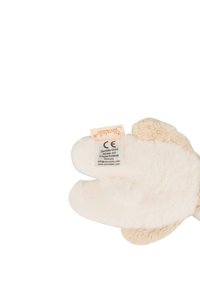 Fluffy beige glove-shaped product with soft fur texture. Features a tag with care instructions and manufacturer details on the palm side.
