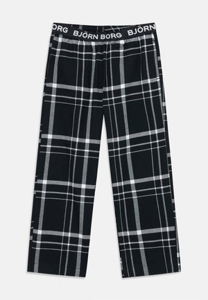 Czarno-białe spodnie dresowe w kratkę z elastycznym pasem, z białym napisem "BJÖRN BORG".
