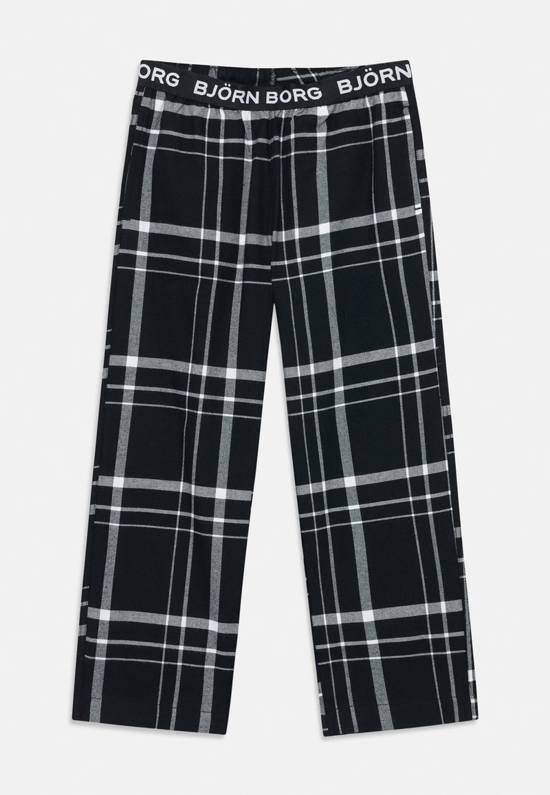 Calças de lounge em padrão xadrez preto e branco com cintura elástica, com a marca "BJÖRN BORG" em letras brancas.