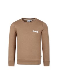 Sudadera marrón con mangas largas, cuello redondo y logo blanco de "BOSS" en el pecho. Fabricada con una tela suave y texturizada.