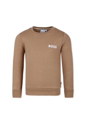 Maglione marrone con maniche lunghe, scollo rotondo e logo bianco "BOSS" sul petto. Realizzato in un morbido tessuto testurizzato.