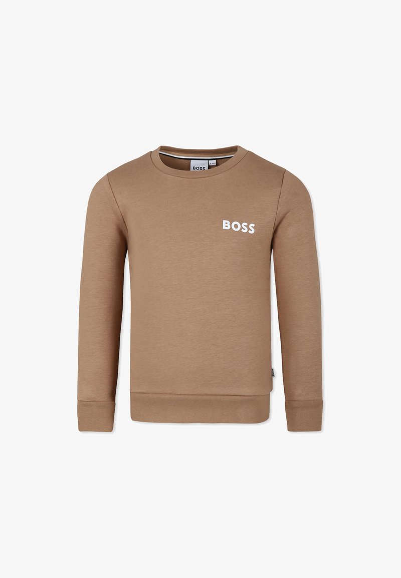 Bruine sweatshirt met lange mouwen, ronde hals en witte "BOSS" logo op de borst. Gemaakt van een zachte, gestructureerde stof.