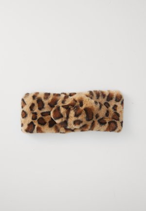 Stirnband aus Kunstfell im Leopardenprint mit einem gedrehten Knoten und kleinem "BARTS"-Tag auf weißem Hintergrund.