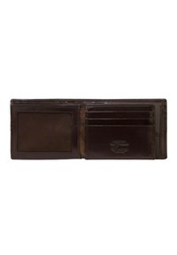 Portefeuille en cuir marron avec une texture lisse, doté d'un emplacement pour carte d'identité transparent, de plusieurs emplacements pour cartes et de détails de marque en relief.