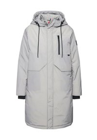 Parka isolante grigio chiaro con cappuccio, zip frontale, due ampie tasche anteriori e coulisse nera per la regolazione. Texture liscia e design moderno.