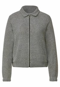 Szara i biała kurtka zapinana na zamek z teksturowanej tkaniny, kołnierzem i ściągaczami przy mankietach. Posiada jednolity wzór kolorystyczny i dopasowany krój.