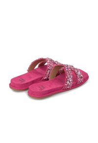 Roze su�ède slippers met twee beaded bandjes die kleurrijke versieringen hebben. Platte zool met een gestructureerde afwerking en logo-detail.