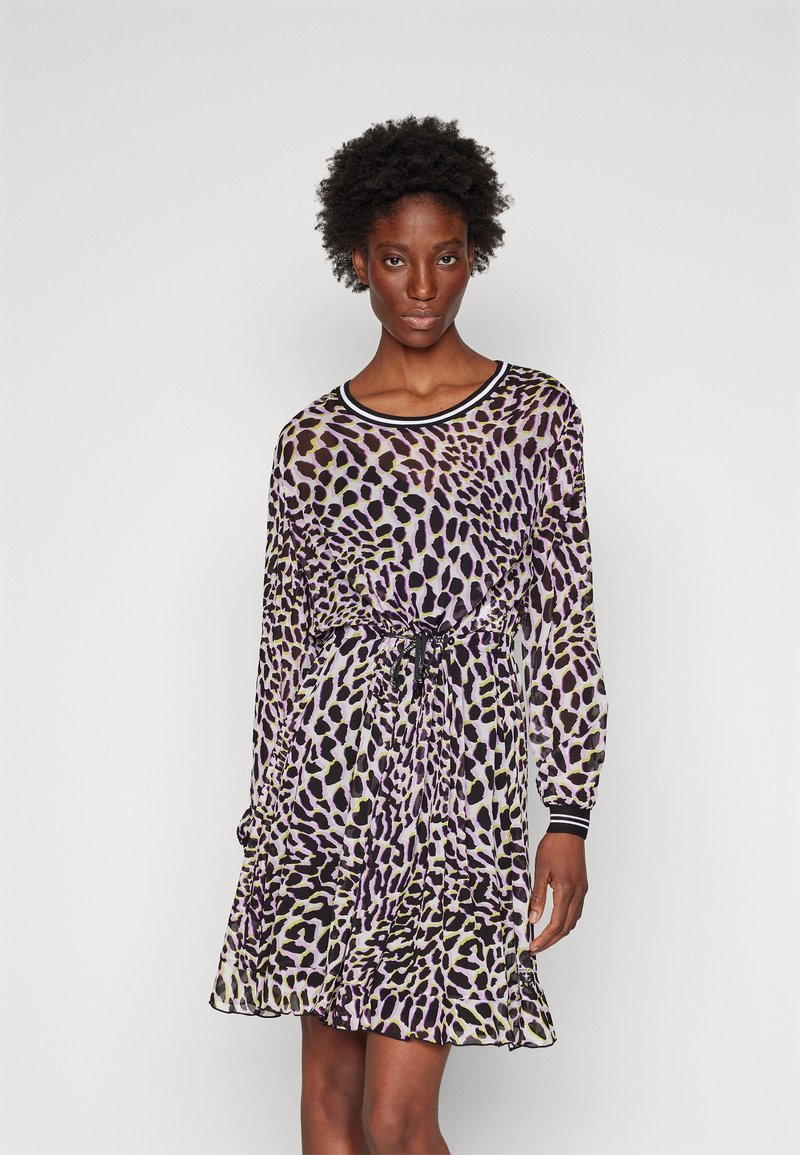 Leopard print dress in lightweight fabric; features long sleeves, a cinched waist with a drawstring, and a flared hem. Black accents on neckline.
