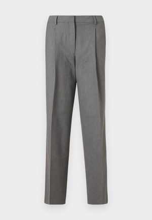 Pantaloni grigi su misura con tessuto texturizzato, caratterizzati da un design a gamba dritta, pieghe sul davanti e una vita senza hardware visibile.