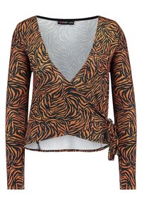 Langärmliges Wickeloberteil im orange-schwarzen Tigerprint. Hergestellt aus leichtem Stoff mit einem tiefen V-Ausschnitt und einer seitlichen Bindedetail.
