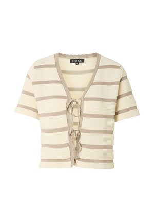 Kortærmet cremefarvet cardigan med beige horisontale striber og to bindelukninger foran, ribstrikket tekstur og V-hals.