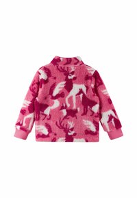 Pullover in pile rosa con motivo di cervi bianchi e rosa scuro. Presenta un colletto alto e polsini a costine in materiale rosa coordinato.