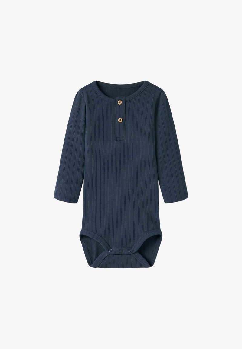 Body bébé à manches longues en maille côtelée bleu marine, avec deux boutons en bois sur la poitrine et des pressions au bas.