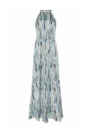 Ärmelloses Maxikleid mit Neckholder, blau-weiß-beigem abstraktem vertikalem Streifenmuster und geraffter Taille.