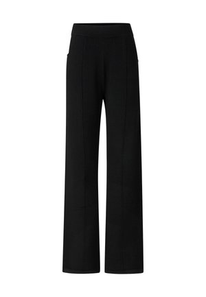 Black wide-leg pants made from a smooth material, featuring a stretchy waistband and subtle stitch detailing along the sides.