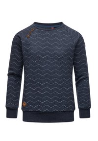 Felpa blu navy con motivo a zigzag, tessuto testurizzato, colletto rotondo, bottoni decorativi in legno sulle spalle e polsini a coste.