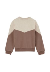 Hnedo-beige farbená mikina s farebným blokovaním a vzorom v tvare chevronu, vyrobená z mäkkého materiálu, so pružnými manžetami a lemom.