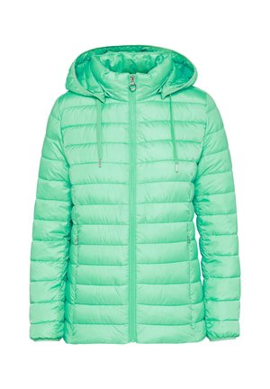 Giacca puffer verde menta con cappuccio, dotata di zip anteriore, texture a coste e lacci. Include due tasche laterali.