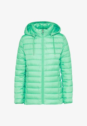 Mere roheline tikkjakot, kapuutsiga, esi tõmblukuga, ribakujulise tekstuuriga ja nööriga. Kaalub kahe külje taskut.