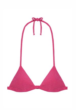 Jasnoróżowy bikini w kształcie trójkąta z cienkimi wiązaniami na szyi. Teksturowany materiał z delikatnym połyskiem. Prosty design, bez dodatkowych elementów ozdobnych czy wzorów.