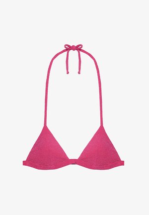 Haut de bikini triangle rose vif avec de fines liens autour du cou. Tissu texturé avec un léger éclat. Design simple, sans accastillage ou motifs supplémentaires.