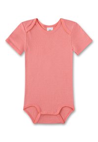 Kurzärmliger Babybodysuit aus weichem, rosa Baumwollstoff, mit rundem Halsausschnitt und Druckknopfverschluss am Boden, sowie kontrastierenden orangen Nähten.
