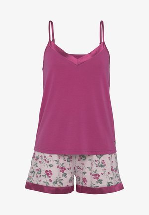 Roosa kampsun õhukeste rihmade ja V-kaelusega, koos lillemustriliste lühikesed püksid, millel on roosa ja rohelise aktsendiga ning satiinääris allääres.