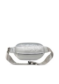 Sølv, polstret bumbag med en glat tekstur og en lynlås. Har en bred, grå rem med grøn skrift. Kompakt design.