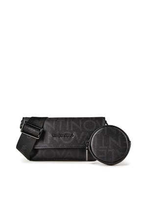 Bolso bandolera negro de Valentino con correa ajustable y monedero redondo adjunto, ambos con sutil estampado de logo texturizado.