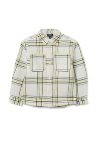 Camisa de cuadros en blanco, amarillo y gris. Cuenta con dos bolsillos en el pecho, un cuello y mangas largas. Textura de tela suave.