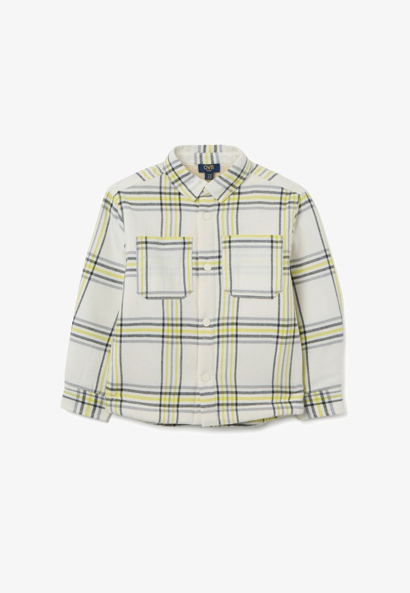 Karierter Hemd mit Knöpfen in Weiß, Gelb und Grau. Verfügt über zwei Brusttaschen, einen Kragen und lange Ärmel. Weiche Stoffstruktur.