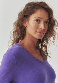 Maglione a V in un vivace colore viola, realizzato in un morbido tessuto lavorato a maglia. Presenta un colletto a coste e una vestibilità rilassata, con una texture liscia.