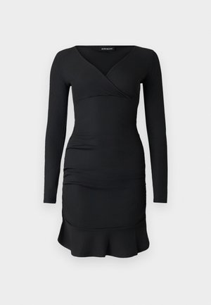 Robe noire à manches longues avec un décolleté en V, une texture froncée et un ourlet évasé. Fabriquée dans un tissu extensible pour une silhouette cintrée.