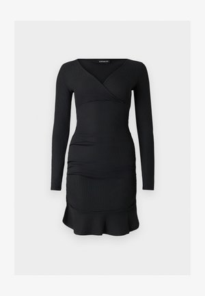 Robe noire à manches longues avec un décolleté en V, une texture froncée et un ourlet évasé. Fabriquée dans un tissu extensible pour une silhouette cintrée.